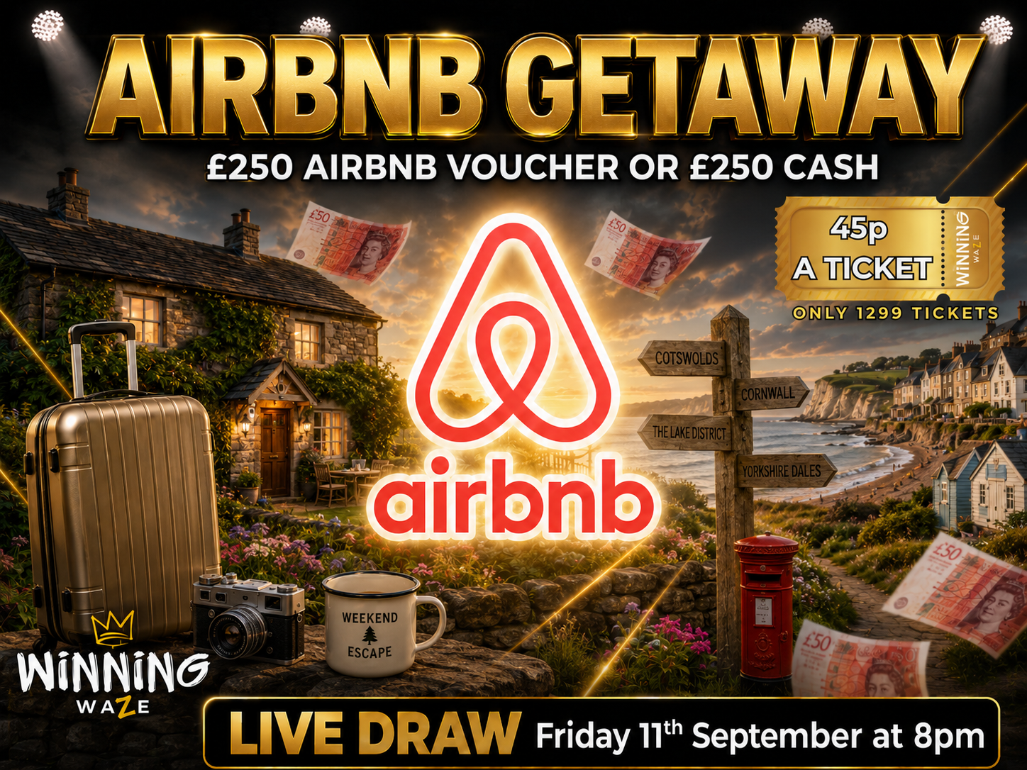 AIR BNB GETAWAY. £250 AIR BNB Voucher or £250 Cash